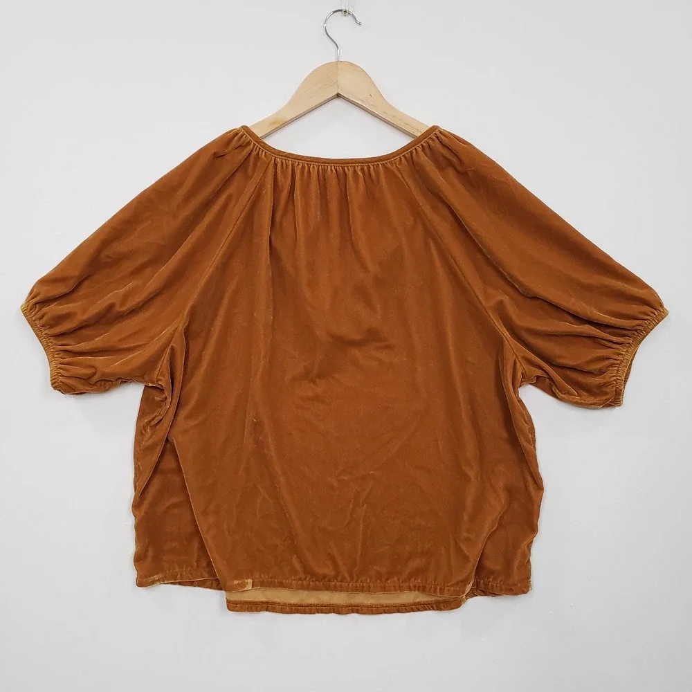Old Navy Womens Cognac Brown Velvet Puff Sleeve Split Neck Blouse‎ Top Large